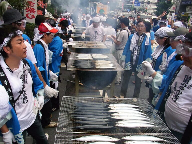 Sanma alla griglia durante il festival di Nemuro in Hokkaido