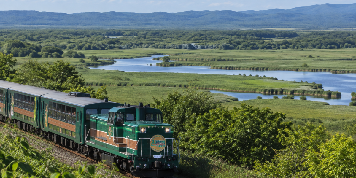 Treno panoramico Kushiro Shitsugen Norokko nella palude di Kushiro