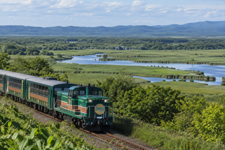 Treno panoramico Kushiro Shitsugen Norokko nella palude di Kushiro