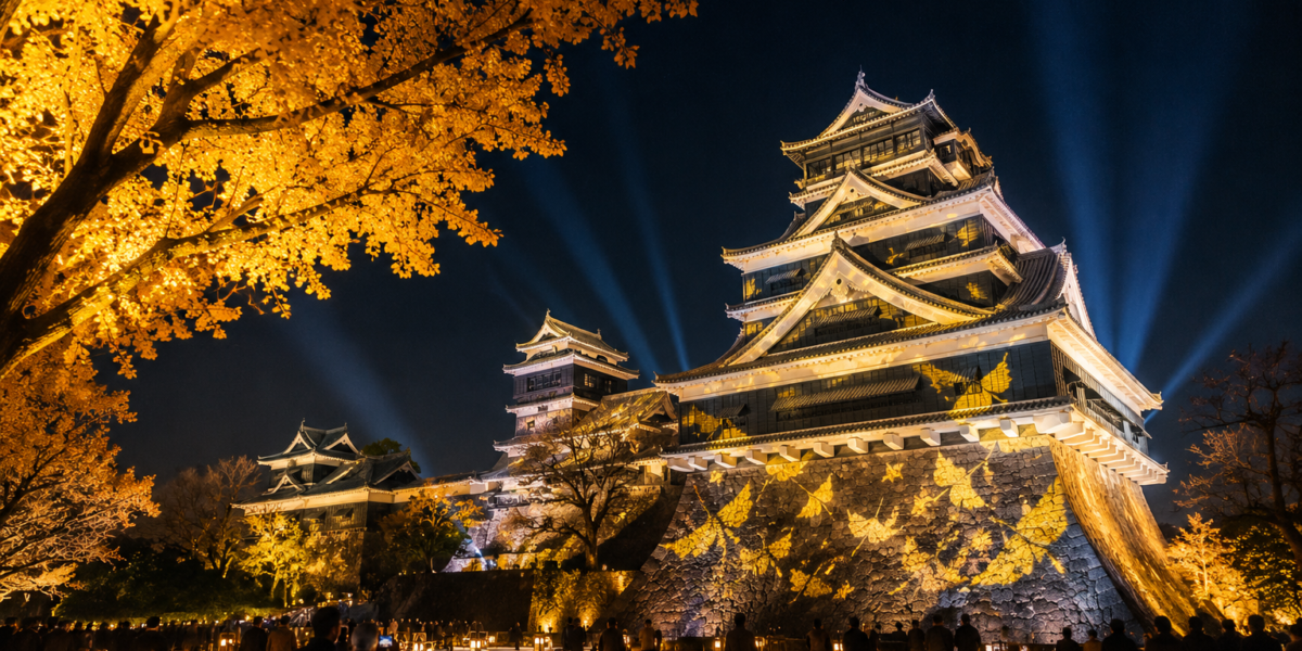 Castello di Kumamoto illuminato durante il Festival d’Autunno 2026