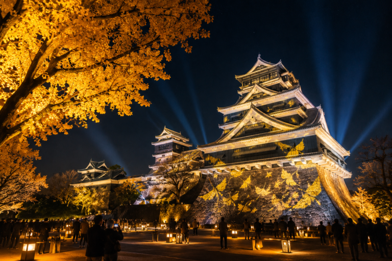 Castello di Kumamoto illuminato durante il Festival d’Autunno 2026